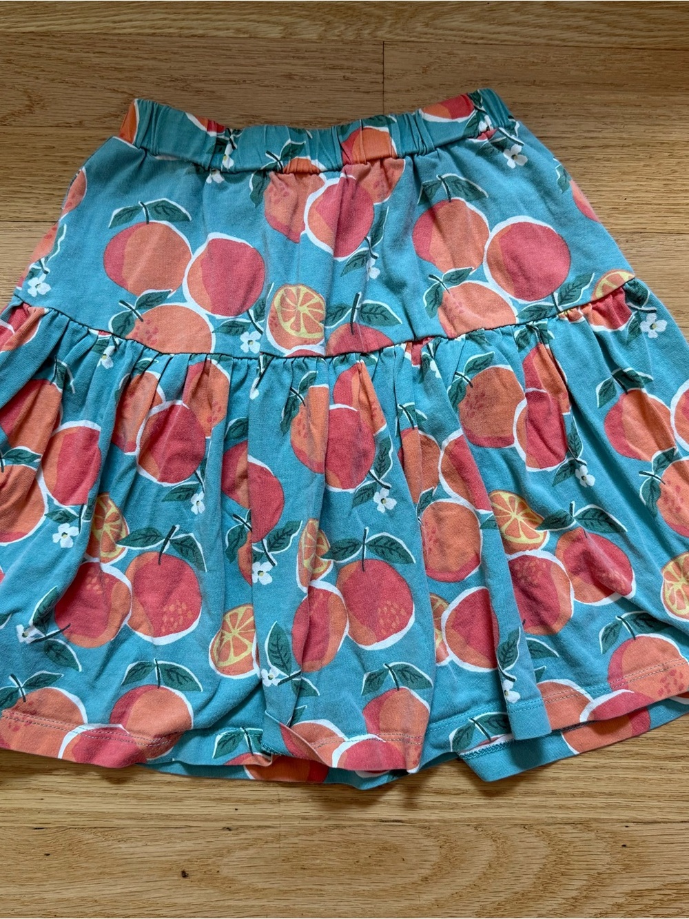 Mini Boden Teal Skater Skirt with Coral Peach Print - Size 6/7